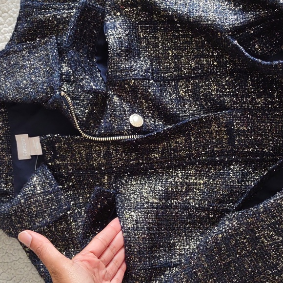 NWT Chico's Sz 2(12/14) Classic Navy Foil Tweed Long Sleeve Jacket Gold Metallic - Picture 13 of 16